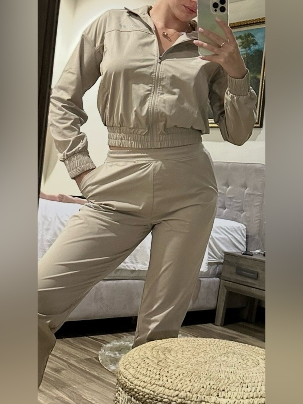 Guess Women's Beige Track Joggers and Zip-Up Jacket Set